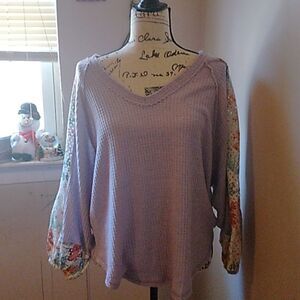 ANTHROPOLOGIE CHRYSANTHEMUM LILAC WAFFLE KNIT PUFF SLEEVE V-NECK TOP LARGE